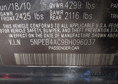 2011 Hyundai Sonata Gls z USA, uszkodzony, nr VIN 5NPEB4AC9BH096037